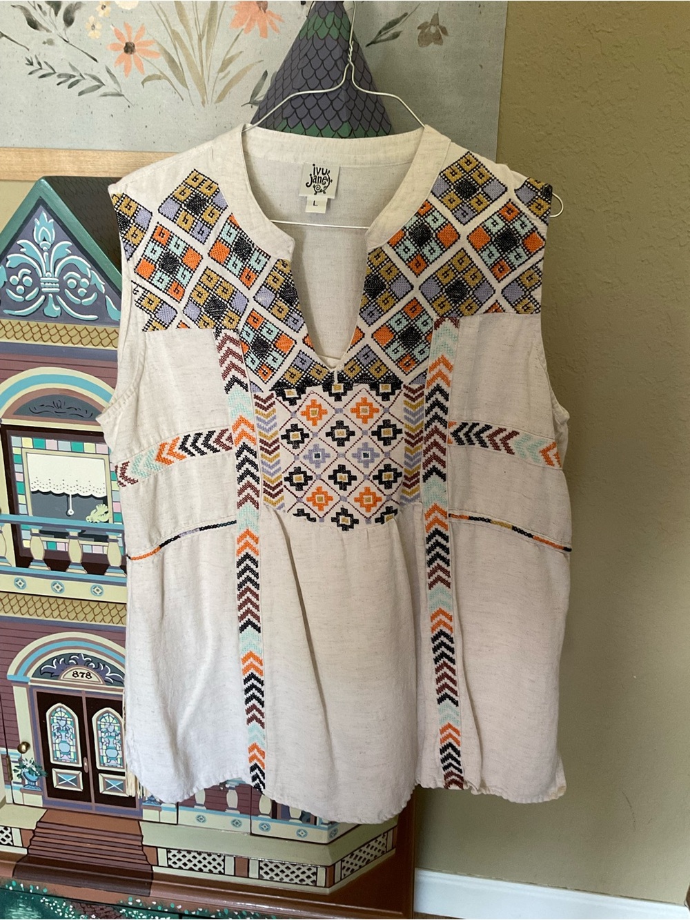 ivy jane Ivory Embroidered Sleeveless Boho Tank with Orange, Teal & Navy Accents